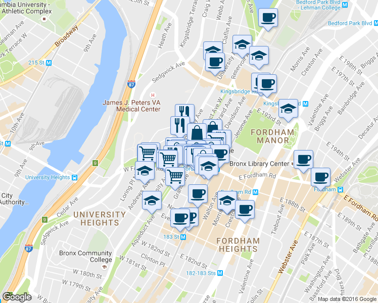 map of restaurants, bars, coffee shops, grocery stores, and more near 2460 University Avenue in The Bronx