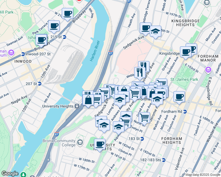 map of restaurants, bars, coffee shops, grocery stores, and more near in The Bronx