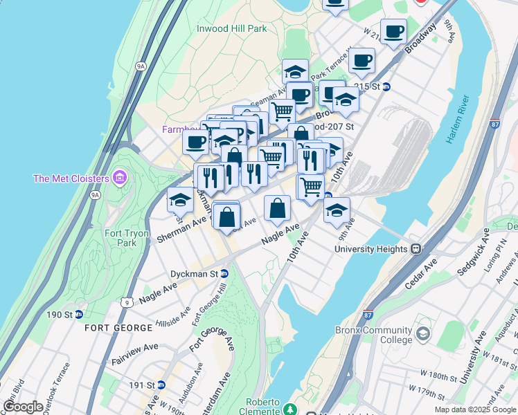 map of restaurants, bars, coffee shops, grocery stores, and more near 155A Sherman Avenue in New York