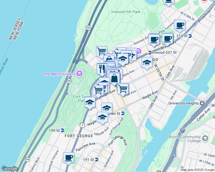 map of restaurants, bars, coffee shops, grocery stores, and more near 95 Thayer Street in New York