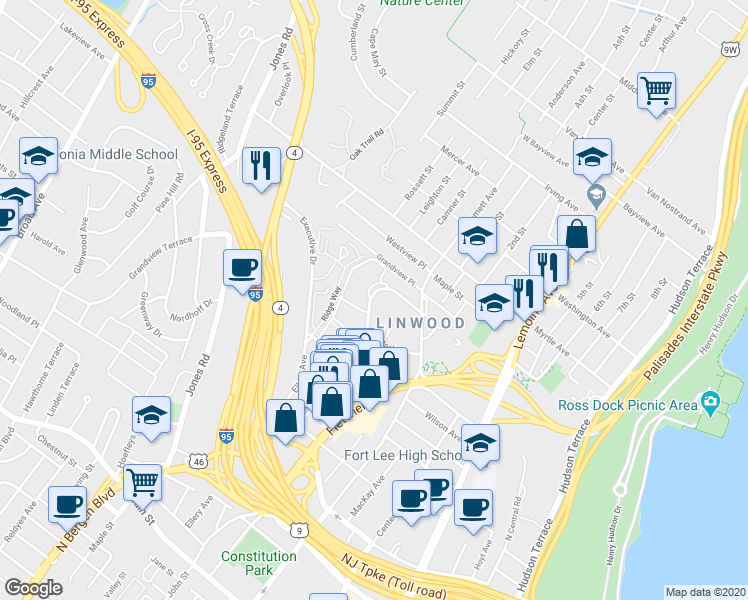map of restaurants, bars, coffee shops, grocery stores, and more near 3091 Edwin Avenue in Fort Lee