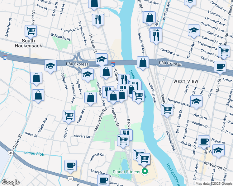 map of restaurants, bars, coffee shops, grocery stores, and more near 32 Pulaski Place in Hackensack