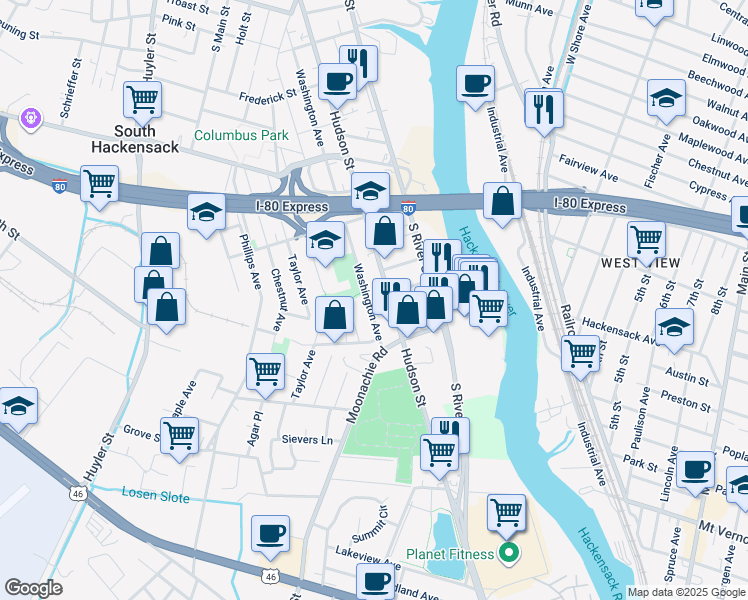 map of restaurants, bars, coffee shops, grocery stores, and more near in Hackensack