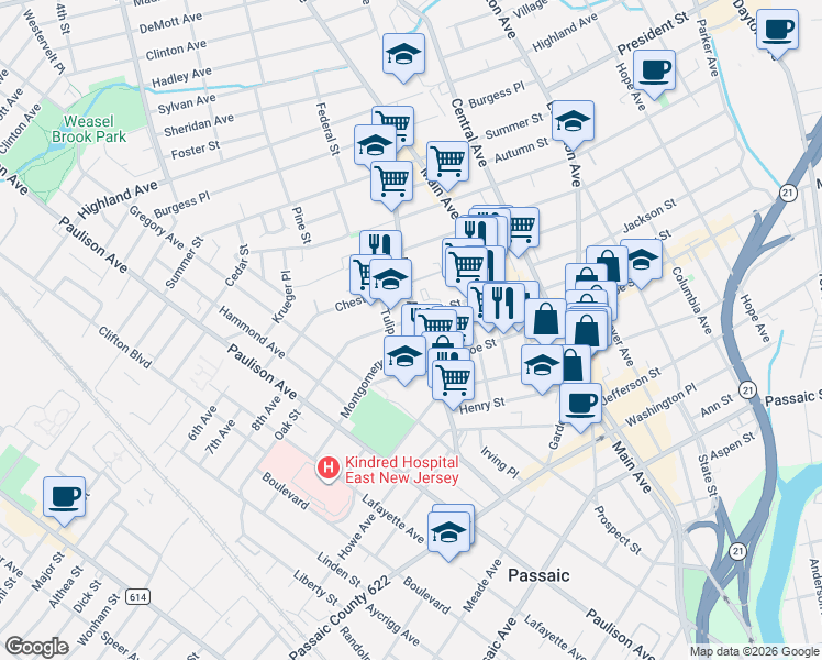 map of restaurants, bars, coffee shops, grocery stores, and more near 40 Tulip Street in Passaic