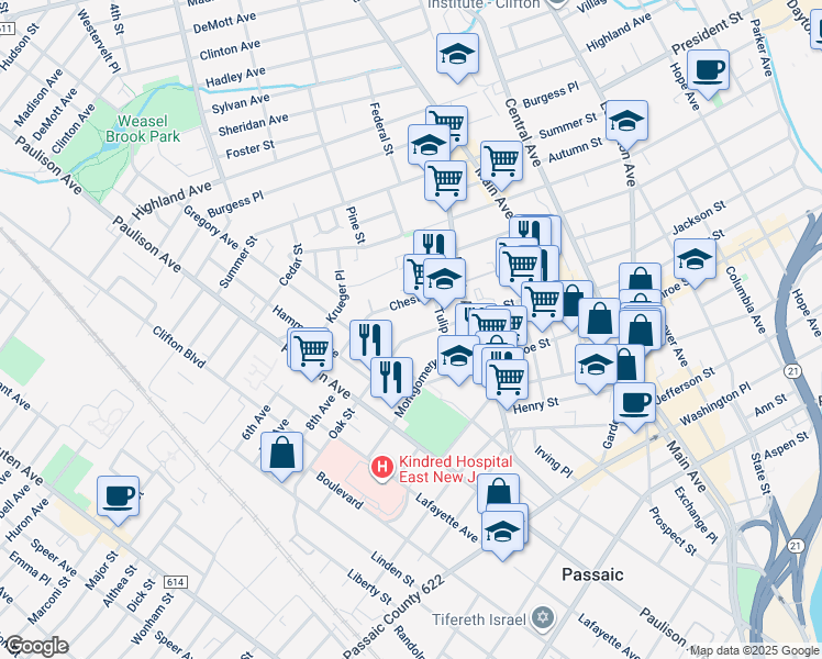 map of restaurants, bars, coffee shops, grocery stores, and more near 349 Chestnut Street in Passaic