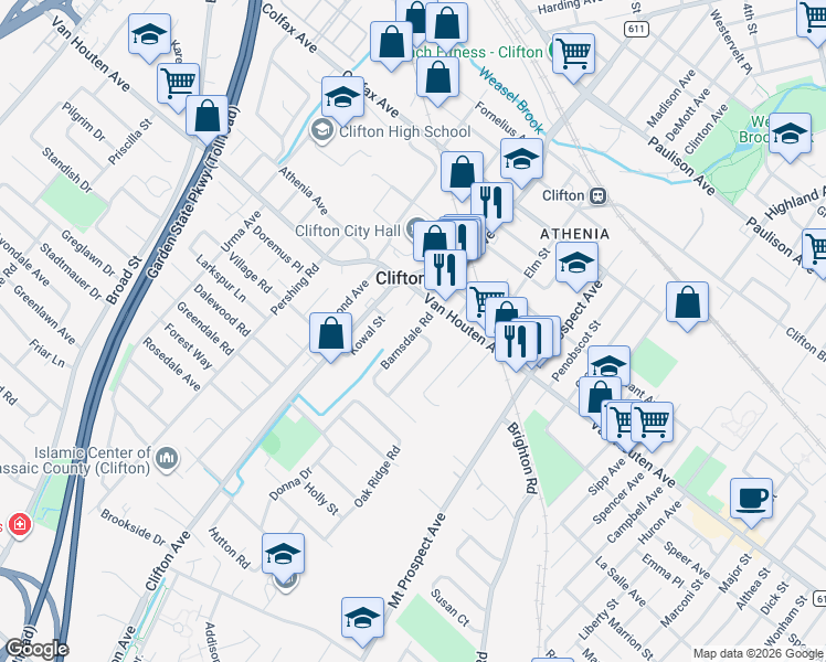 map of restaurants, bars, coffee shops, grocery stores, and more near 943 Van Houten Avenue in Clifton