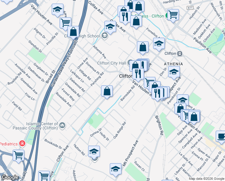 map of restaurants, bars, coffee shops, grocery stores, and more near 45 Starmond Avenue in Clifton