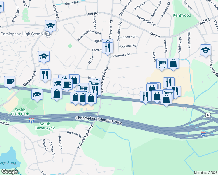 map of restaurants, bars, coffee shops, grocery stores, and more near 181 Crown Point Road in Parsippany-Troy Hills