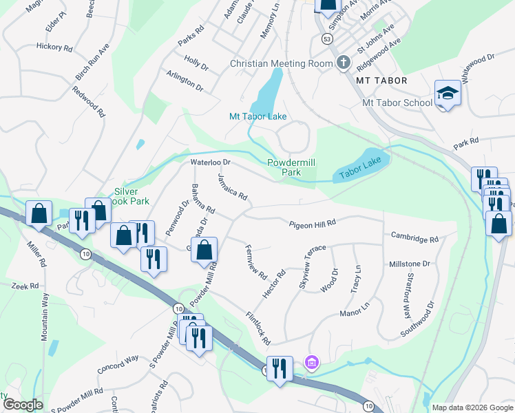 map of restaurants, bars, coffee shops, grocery stores, and more near 3 Jamaica Road in Morris Plains