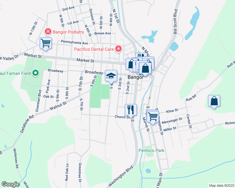 map of restaurants, bars, coffee shops, grocery stores, and more near 316 South 3rd Street in Bangor