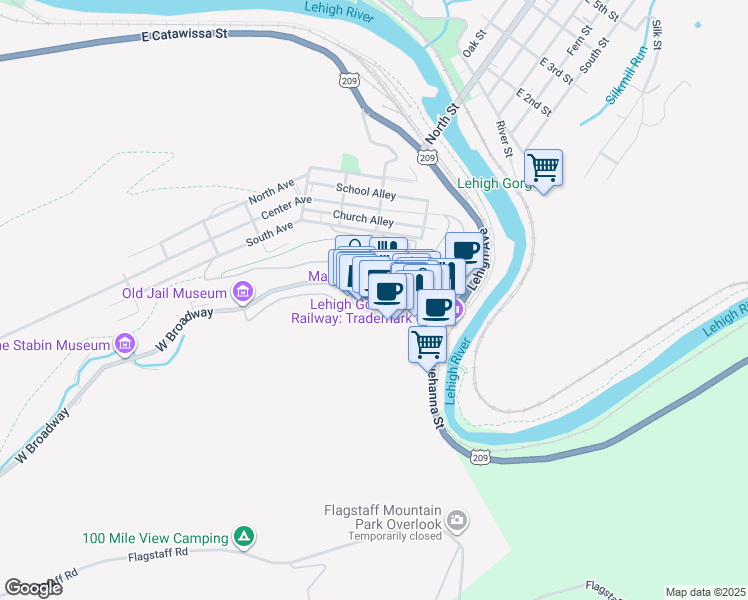 map of restaurants, bars, coffee shops, grocery stores, and more near 104-106 Broadway in Jim Thorpe