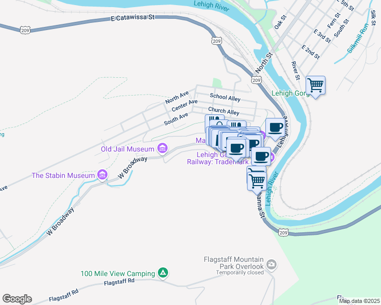 map of restaurants, bars, coffee shops, grocery stores, and more near 169 West High Street in Jim Thorpe