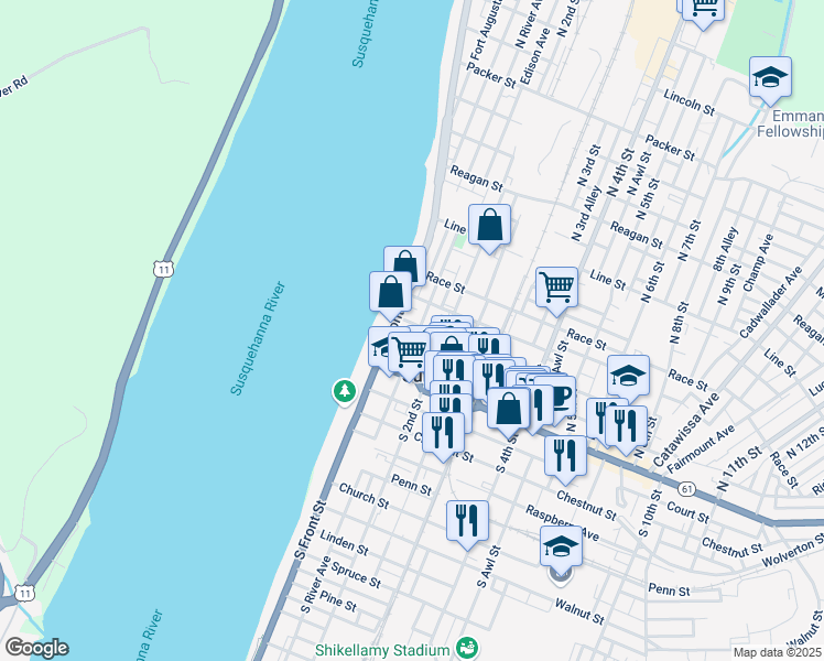 map of restaurants, bars, coffee shops, grocery stores, and more near 110 North Front Street in Sunbury