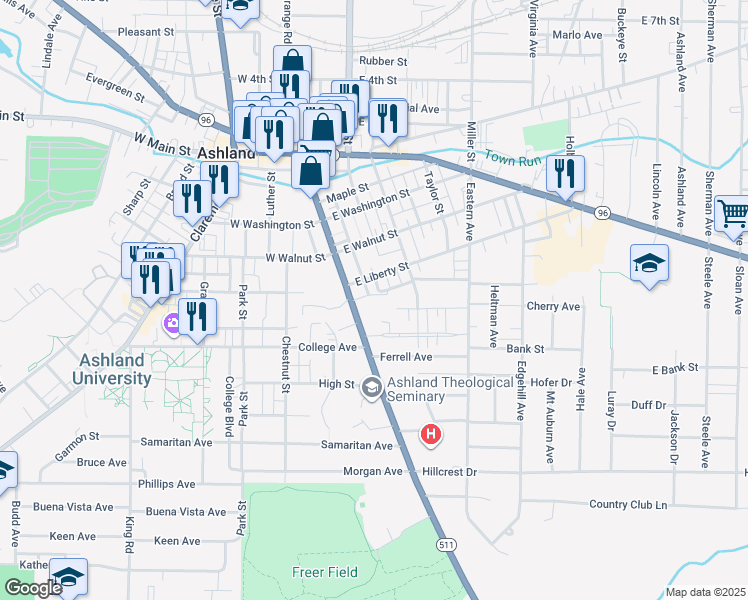 map of restaurants, bars, coffee shops, grocery stores, and more near 15 East Liberty Street in Ashland