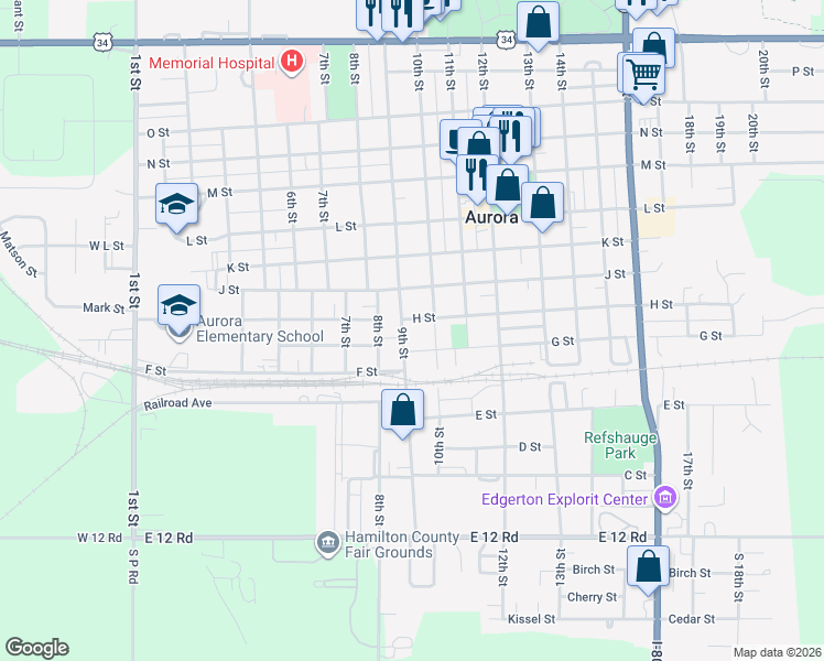 map of restaurants, bars, coffee shops, grocery stores, and more near 801-899 10th Street in Aurora
