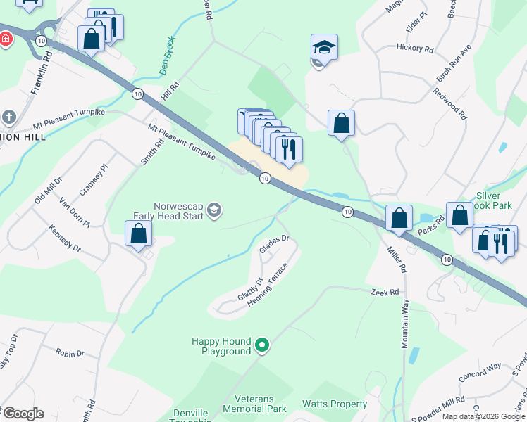 map of restaurants, bars, coffee shops, grocery stores, and more near 3055 New Jersey 10 in Denville
