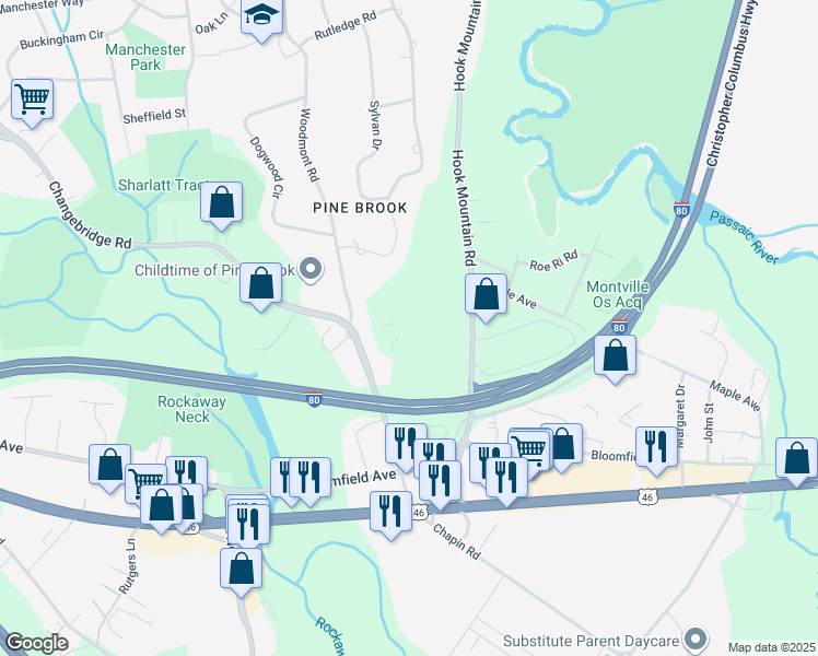 map of restaurants, bars, coffee shops, grocery stores, and more near 340 Changebridge Road in Montville