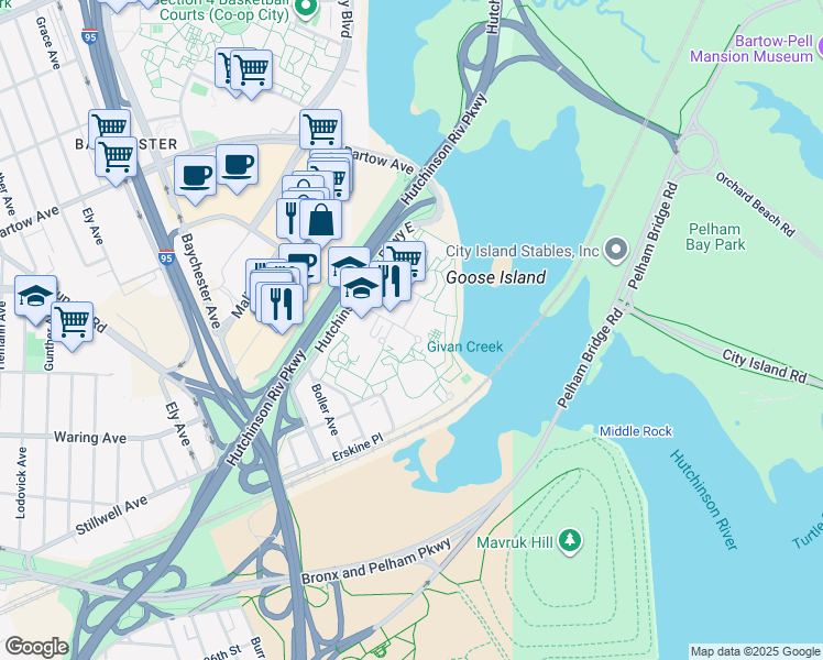 map of restaurants, bars, coffee shops, grocery stores, and more near 121 Einstein Loop North in Bronx