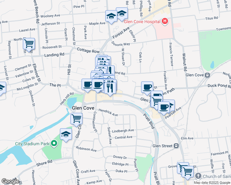 map of restaurants, bars, coffee shops, grocery stores, and more near 57 Glen Street in Glen Cove