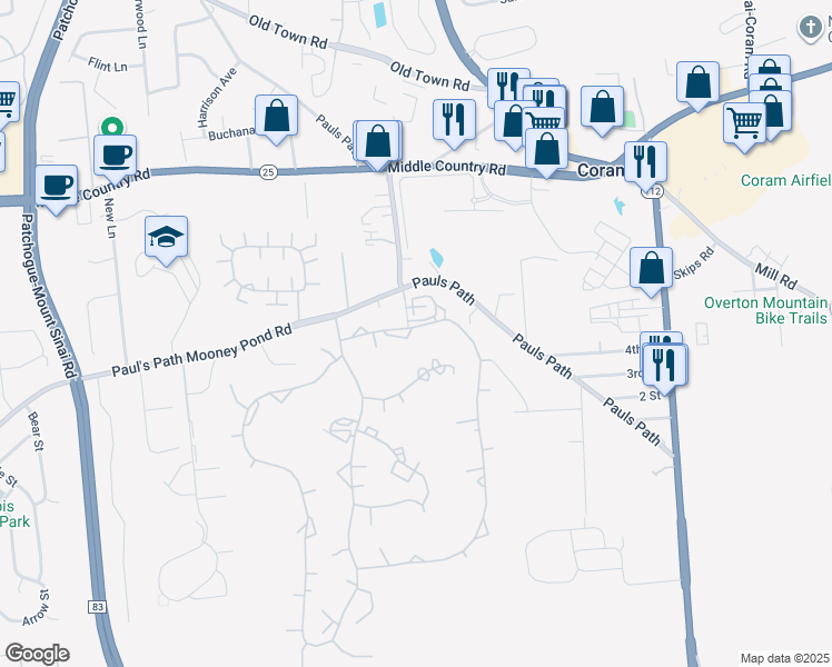 map of restaurants, bars, coffee shops, grocery stores, and more near 78 Birchwood Road in Coram