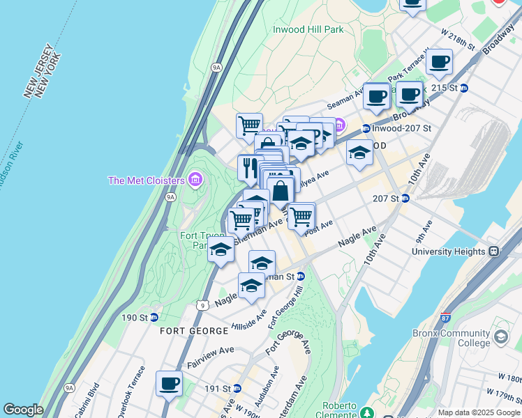 map of restaurants, bars, coffee shops, grocery stores, and more near 95 Thayer Street in New York