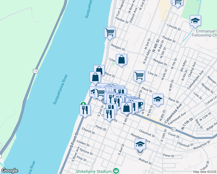 map of restaurants, bars, coffee shops, grocery stores, and more near 133 North 2nd Street in Sunbury