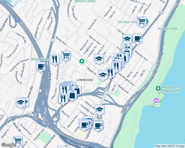 map of restaurants, bars, coffee shops, grocery stores, and more near 287 Maple Street in Fort Lee