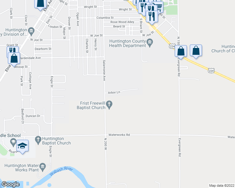 map of restaurants, bars, coffee shops, grocery stores, and more near 515 Arbor Lane in Huntington