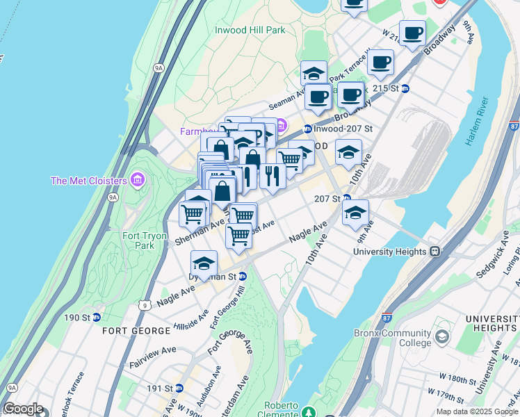map of restaurants, bars, coffee shops, grocery stores, and more near 125 Sherman Avenue in New York