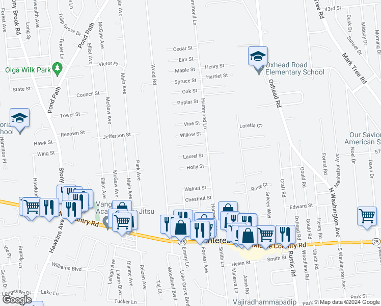 map of restaurants, bars, coffee shops, grocery stores, and more near 17 Laurel Street in Centereach