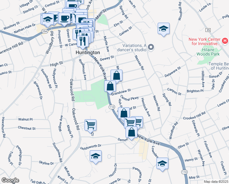 map of restaurants, bars, coffee shops, grocery stores, and more near 17 Grandview Street in Huntington