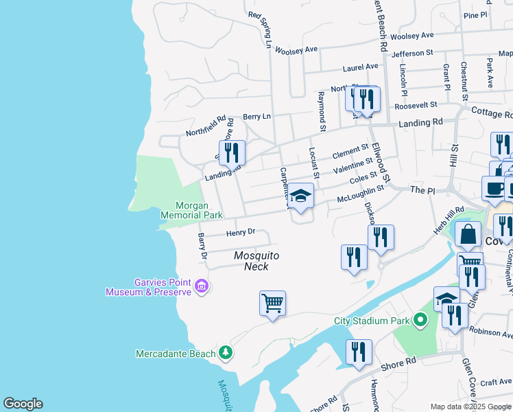 map of restaurants, bars, coffee shops, grocery stores, and more near 85 Valentine Street in Glen Cove