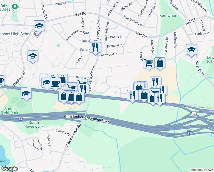 map of restaurants, bars, coffee shops, grocery stores, and more near 125 Gladstone Drive in Parsippany-Troy Hills