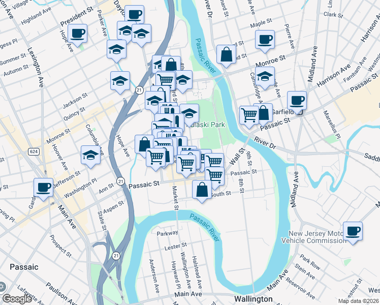 map of restaurants, bars, coffee shops, grocery stores, and more near 87 4th Street in Passaic