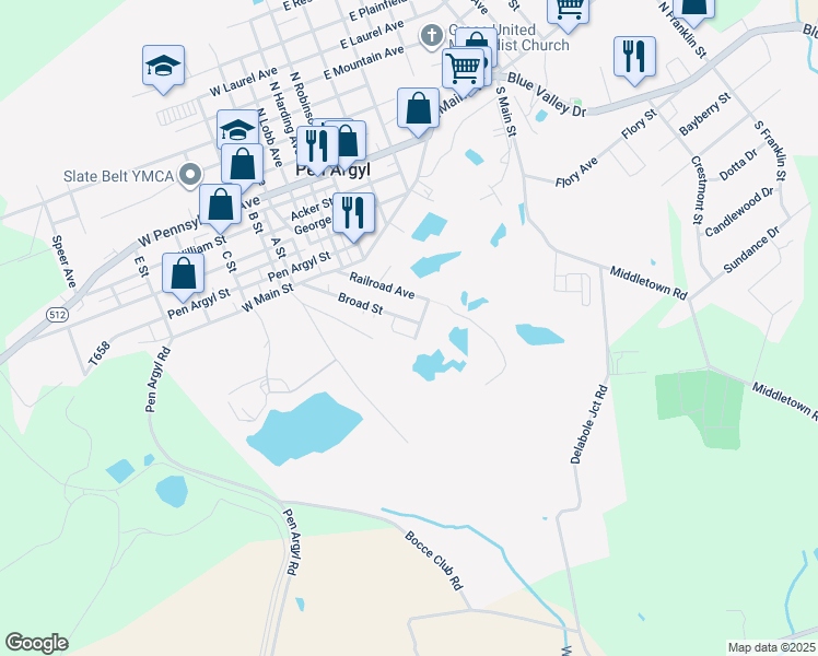 map of restaurants, bars, coffee shops, grocery stores, and more near 519 Broad Street in Pen Argyl