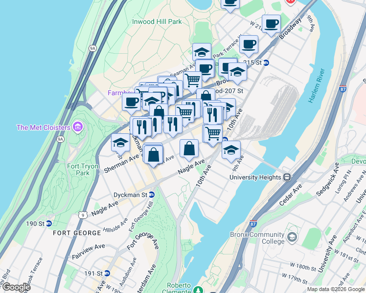 map of restaurants, bars, coffee shops, grocery stores, and more near 155A Sherman Avenue in New York
