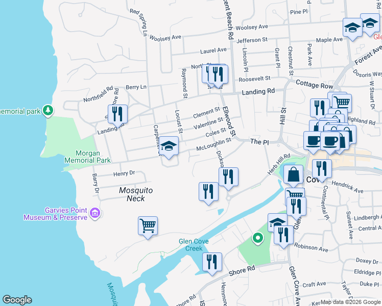 map of restaurants, bars, coffee shops, grocery stores, and more near 45 Coles Street in Glen Cove