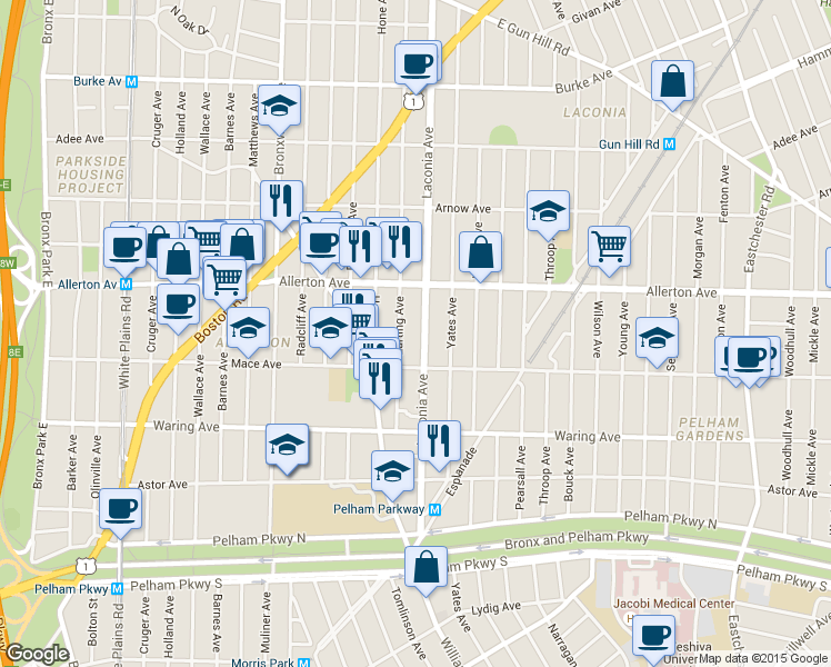 map of restaurants, bars, coffee shops, grocery stores, and more near 2546 Laconia Avenue in The Bronx