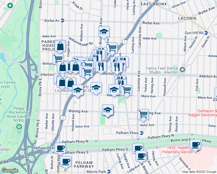 map of restaurants, bars, coffee shops, grocery stores, and more near 2555 Colden Avenue in Bronx