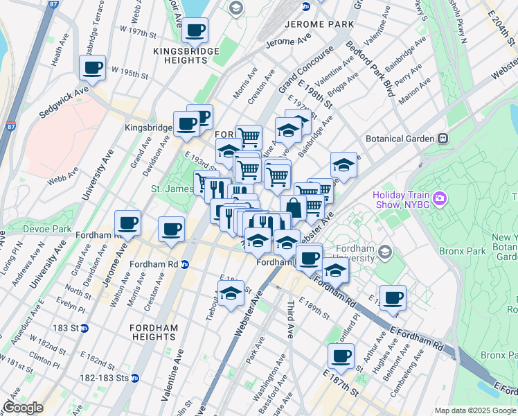 map of restaurants, bars, coffee shops, grocery stores, and more near in The Bronx