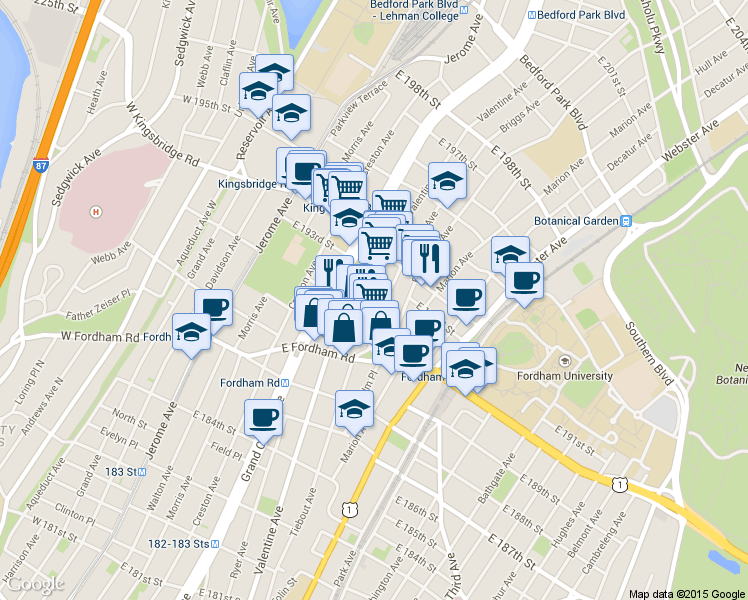 map of restaurants, bars, coffee shops, grocery stores, and more near in The Bronx