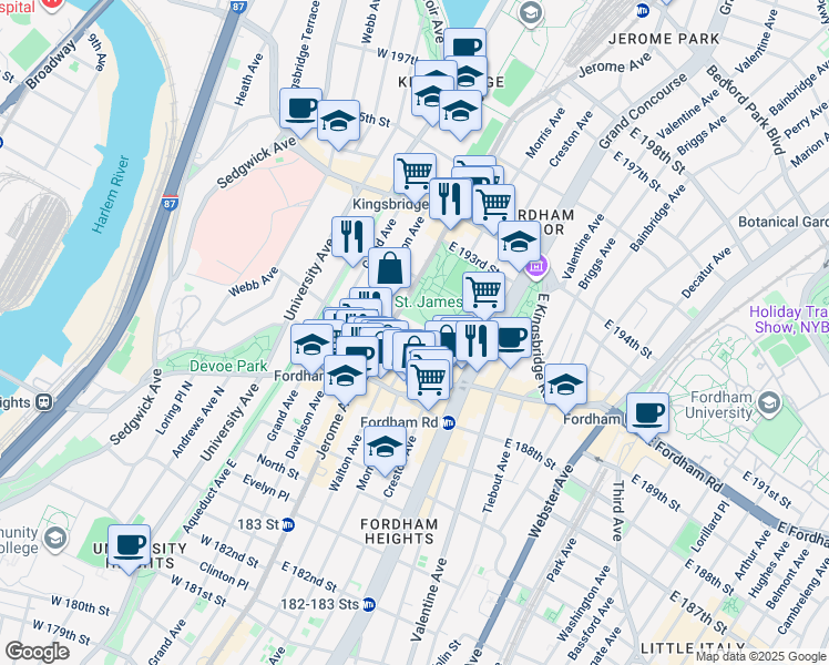 map of restaurants, bars, coffee shops, grocery stores, and more near 2530 Jerome Avenue in The Bronx