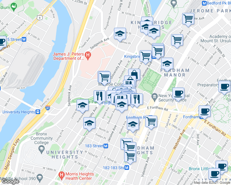 map of restaurants, bars, coffee shops, grocery stores, and more near 30 West 190th Street in Bronx