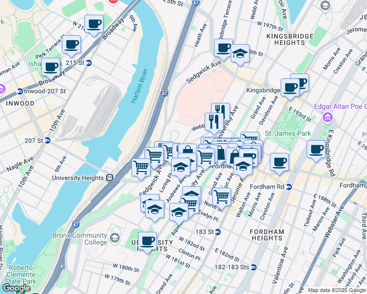 map of restaurants, bars, coffee shops, grocery stores, and more near 2420 Webb Avenue in Bronx