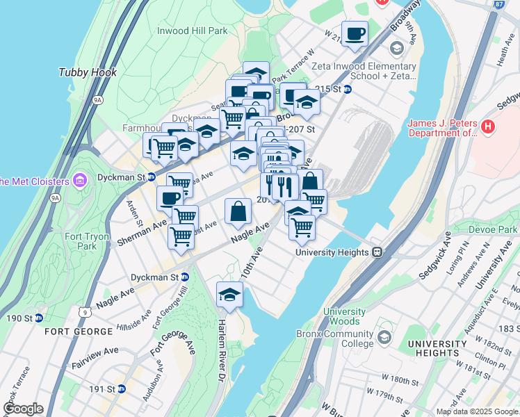 map of restaurants, bars, coffee shops, grocery stores, and more near 119 Post Avenue in New York