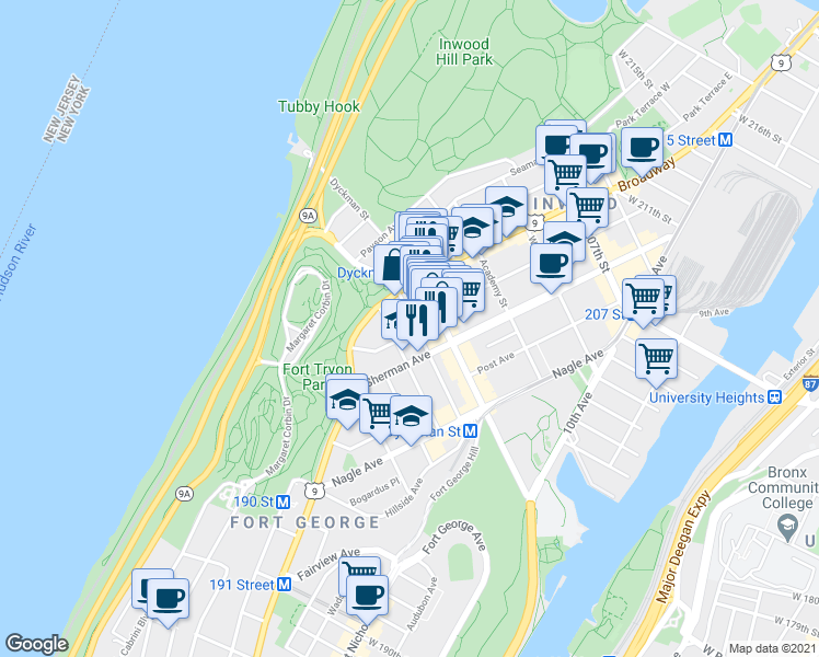 map of restaurants, bars, coffee shops, grocery stores, and more near 95 Thayer Street in New York