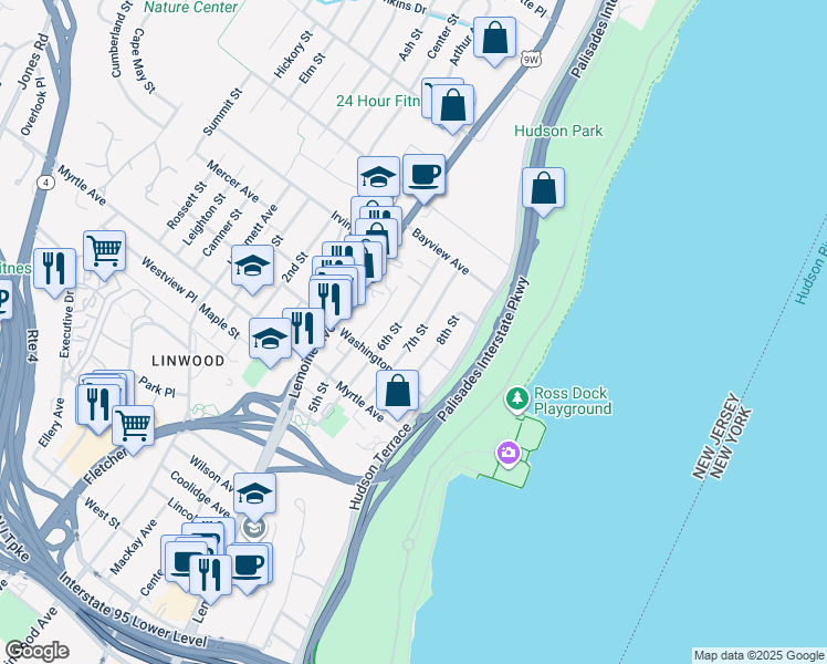 map of restaurants, bars, coffee shops, grocery stores, and more near 6 6th Street in Englewood Cliffs