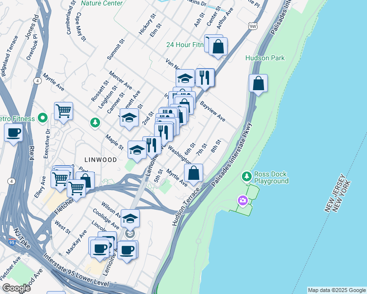 map of restaurants, bars, coffee shops, grocery stores, and more near 2475 5th Street in Fort Lee