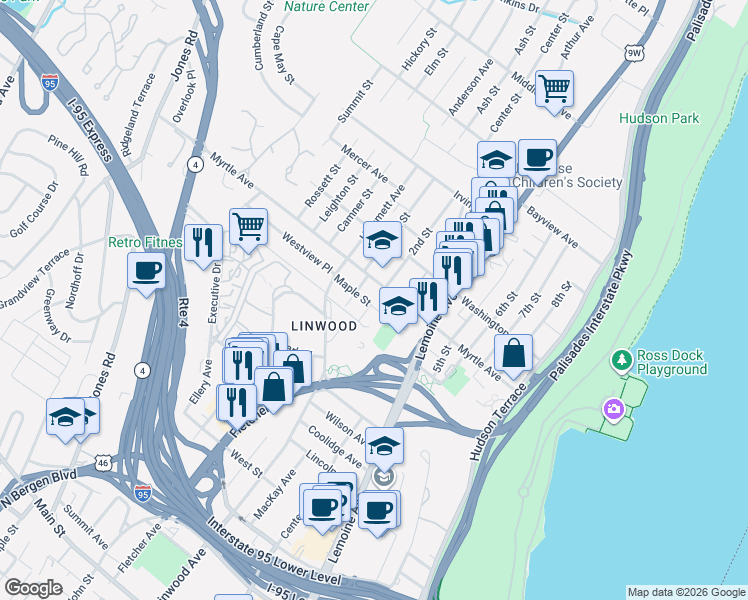 map of restaurants, bars, coffee shops, grocery stores, and more near 2402 2nd Street in Fort Lee