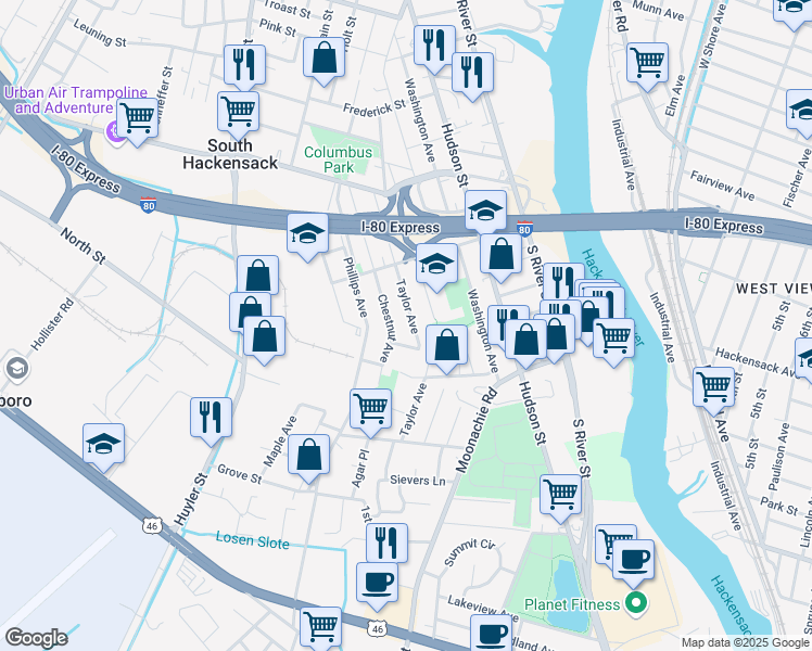 map of restaurants, bars, coffee shops, grocery stores, and more near 418B Chestnut Avenue in South Hackensack